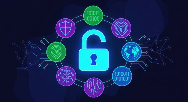 Cyber Vulnerability Concept: Glowing Unlocked Padlock in a Digital Security Web - Powered by Adobe