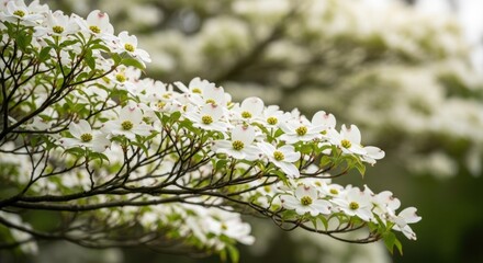 Obraz premium Dogwood branch blooms, elegant white petals, blurred green backdrop