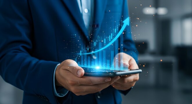 Hombre fotográfico que usa teléfono inteligente móvil con crecimiento empresarial - Powered by Adobe