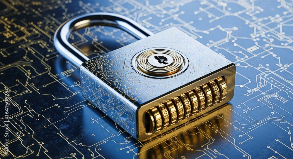 Poster cybersecurity concept: close-up of padlock on circuit board background, symbolizing data protection 