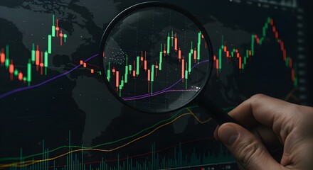 Desbloqueo fotográfico de los secretos del mercado de valores Un operador inspecciona la flecha creciente del gráfico de barras con una lupa de lupa