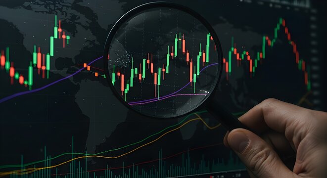 Desbloqueo fotográfico de los secretos del mercado de valores Un operador inspecciona la flecha creciente del gráfico de barras con una lupa de lupa