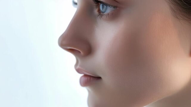 Detailed side-profile portrait fair-skinned woman. The focus is on smooth skin texture, shape her nose, lips,, long lashes framing her blue eye. Soft, bright lighting completes