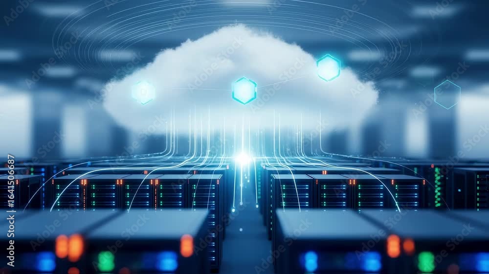 Poster conceptual illustration of a data center with cloud connectivity and virtual network architecture.