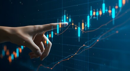 Gráfico del mercado de valores en la pantalla virtual con remix digital de la mano de la mujer