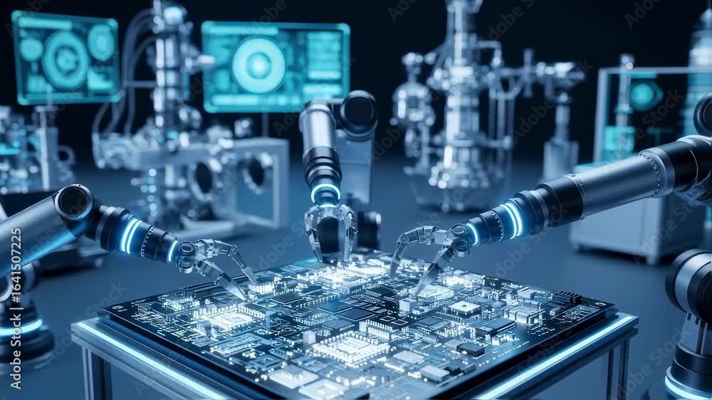 Poster digital circuitcovered laboratory setting with futuristic robotic components and machinery.