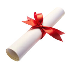White rolled up diploma or certificate tied with red ribbon on black background