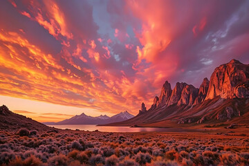 Warm sunset glow over the rugged mountain. 	Golden hour over lake and mountain with fiery clouds