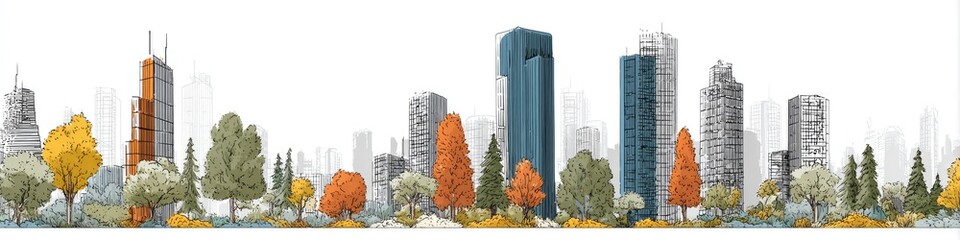 Urban landscape illustration with towering buildings and autumnal trees