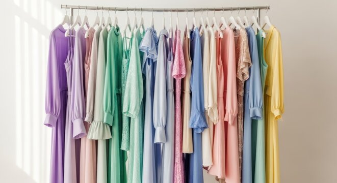 Dresses on rack in pastel colors, natural light, fabric texture visible