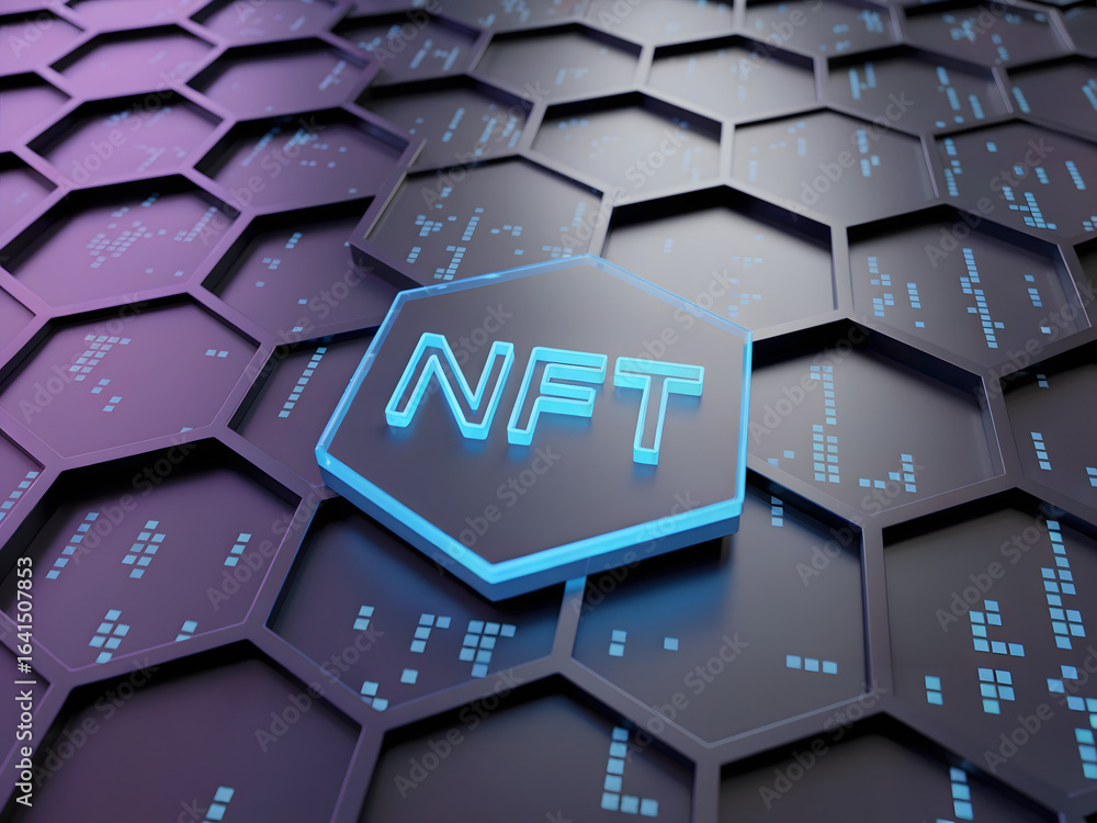 Poster glowing nft text on central hexagon over dark digital grid background symbolizing blockchain and vir