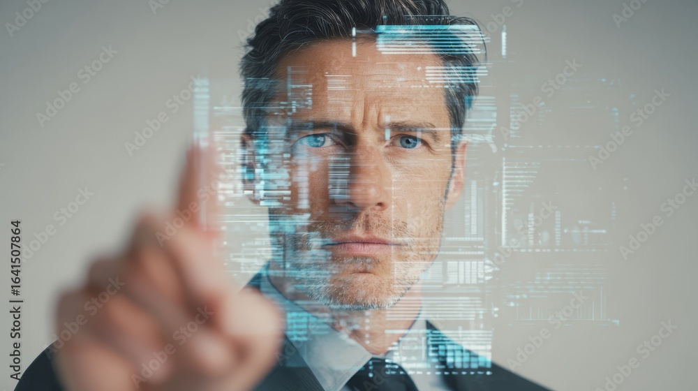 Poster man in suit navigating futuristic digital interface, business innovation and technology