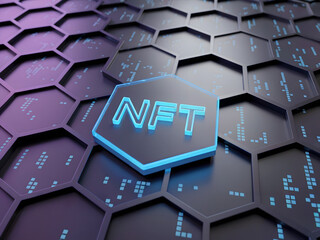 glowing nft text on central hexagon over dark digital grid background symbolizing blockchain and virtual assets
