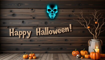 A festive Halloween setting with a wall featuring decorations, including pumpkins and a skull mask. A sign with "Happy Halloween" written on it is affixed to the wall