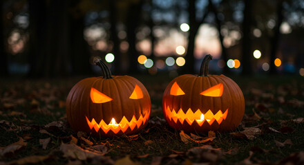 Two scary carved pumpkins with menacing, glowing faces sit on fallen autumn leaves in the dark woods at twilight, a perfect scene for a spooky and eerie Halloween night