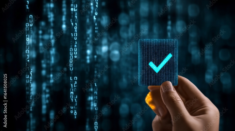 Poster a close-up of a hand pressing a blue validation mark amidst flowing digital data with soft lens blur