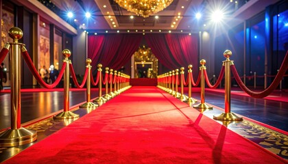 A luxurious red carpet pathway lined with golden stanchions and ropes