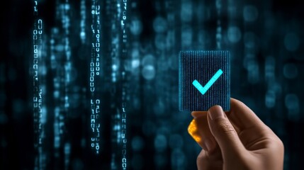 A close-up of a hand pressing a blue validation mark amidst flowing digital data with soft lens blur