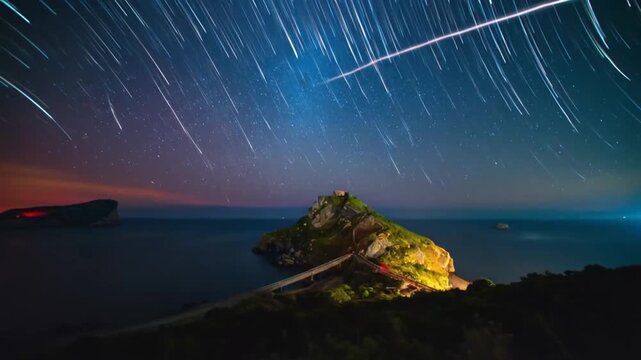 Spectacular night sky with meteor shower over coastal island creating stunning light trails
