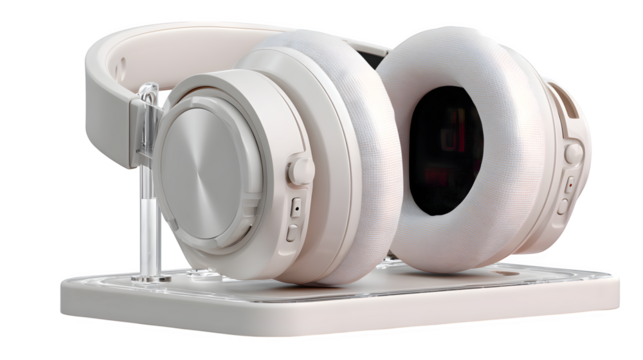 Ergonomic noise-canceling headphones with stand ? perfect for modern kitchen visuals and culinary branding