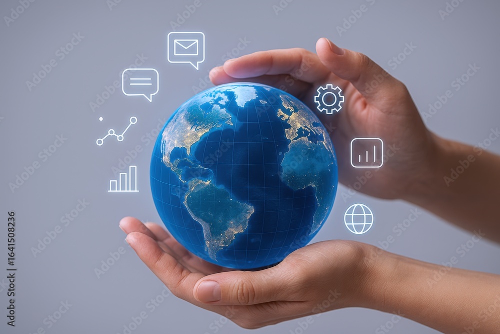 Poster hands holding globe with data icons displaying global connection and modern communication technology