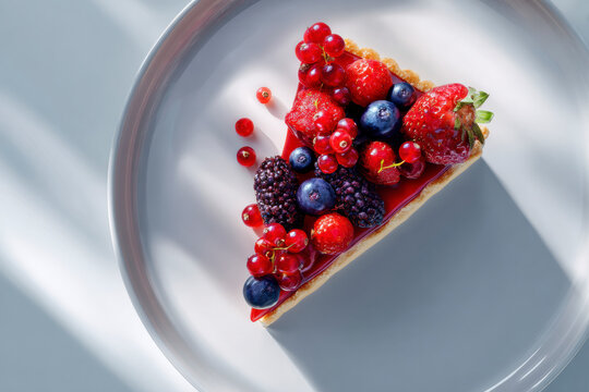 Berry Tart Slice: A vibrant mix of strawberries, blueberries, blackberries, and red currants on pastry.