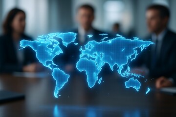 Global business meeting with digital world map projection