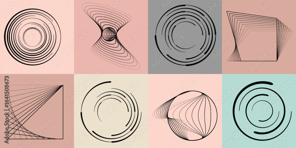 Poster lines and spirals in circle form .rotate rounded shape vector .rotating dots form a circle .rotating