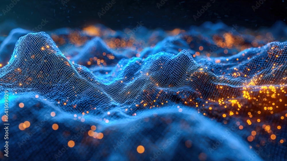 Poster abstract blue landscape with orange lights: a modern, dynamic background for tech and science projec