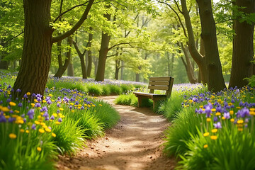 Sunlit Park bench on winding wildflower trail