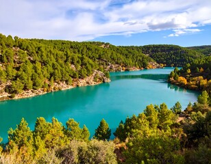 Obraz premium Turquoise lake nestled in a valley of pine trees