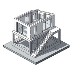 3D render of a residential home with architectural plans and blueprint illustrations