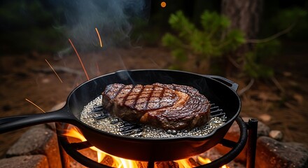 Steak cooking in a cast iron pan over an open fire in the forest