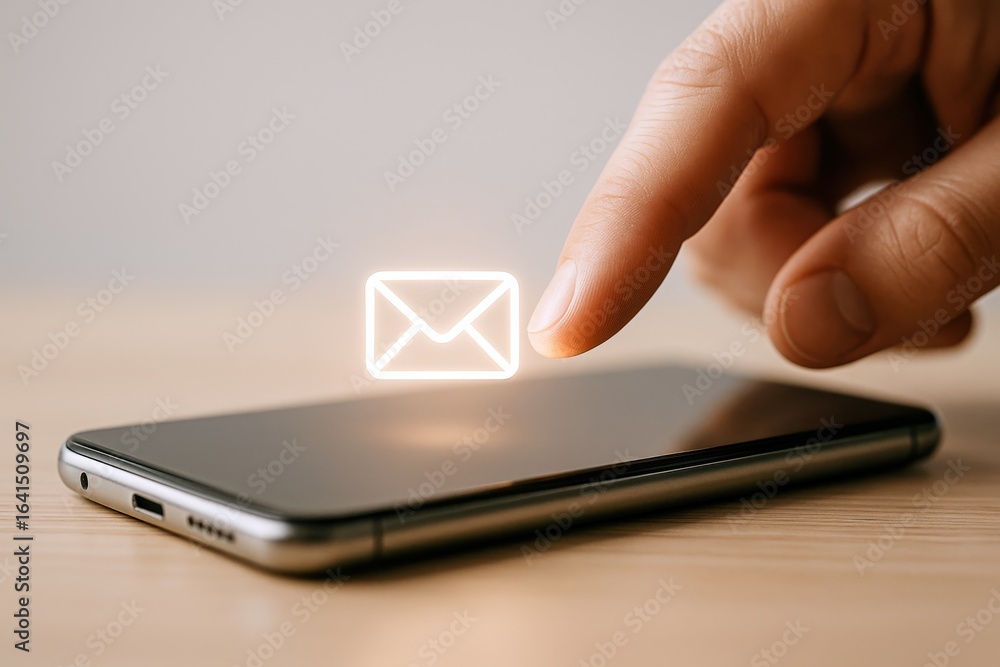 Poster sending digital email: finger tapping smartphone screen with email envelope icon for communication a