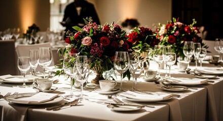 Elegant table set for formal dinner, floral centerpieces