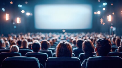 Moviegoers Enjoying a Film in a Dark Theater with a Large Blank Screen and Bokeh Lighting