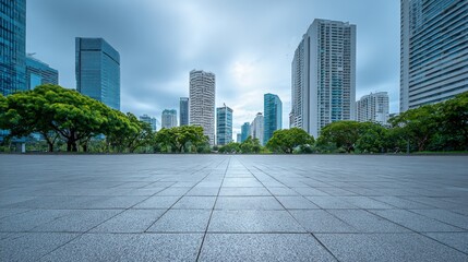 Modern Cityscape View with Empty Tiled Plaza in the Foreground, Featuring Contemporary Architecture and Green Trees