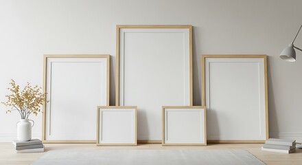 White Blank wooden picture frame mockup stand on white wall background, stucco decor.