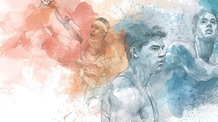 an artistic representation of sports figures in an abstract style. there are three athletes depicted with dynamic poses and energetic expressions, suggesting motion and competition