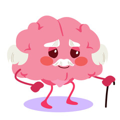 Cartoon vector of a senior elderly brain character walking with a cane, illustrating aging, memory loss and mental deterioration. Clip art for health and cognitive decline concept