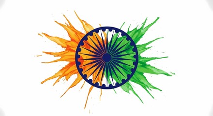Vibrant Indian flag colors burst outwards from the Ashoka Chakra, symbolizing national pride and dynamic energy