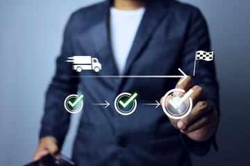 Progress concept with businessman tick on checkmark to tracking work status is done on virtual...