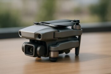 Obraz premium Compact foldable drone with camera on wooden surface
