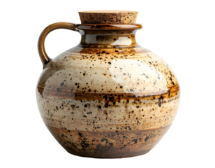 Handcrafted ceramic jug with handle and cork stopper rustic speckled glaze on isolated background
