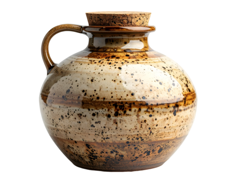 Handcrafted ceramic jug with handle and cork stopper rustic speckled glaze on isolated background