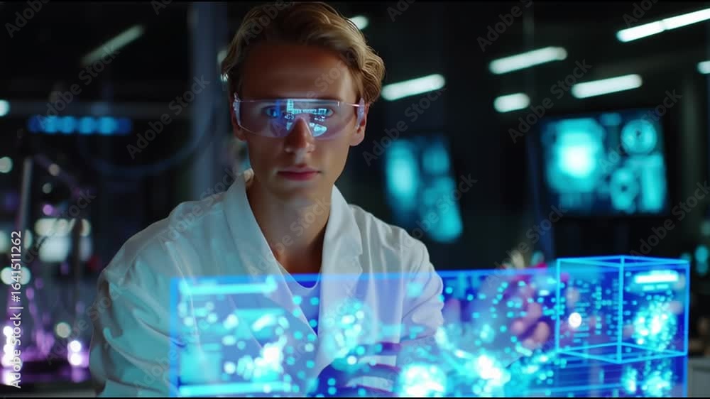 Poster scientist interacts with holographic display in futuristic laboratory setting