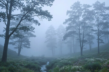 Misty Forest Stream with White Wildflowers and Lush Green Grass – Tranquil Nature Scene