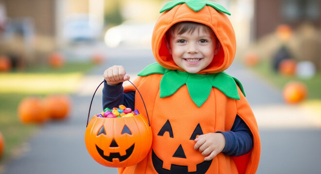 An adorable little child dressed in a cute pumpkin costume holds a jack-o'-lantern candy pail while trick-or-treating, a perfect picture of childhood Halloween joy