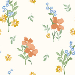 Seamless floral pattern, vintage nature print with simple wild plants. Elegant botanical design of small hand drawn flowers, leaves, wildflower bunches in autumn colors. Vector illustration.