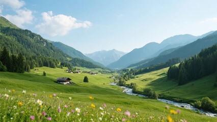 Obraz premium Idyllic Valley with Rolling Hills, Clear Stream, and Scattered Houses